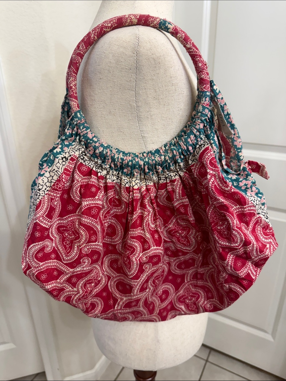 Red Paisley Shoulder Bag with Teal Trim